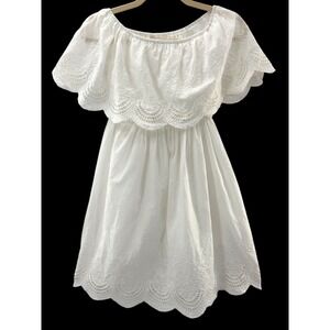 My Beloved Eyelet Mini Dress‎ Womens Medium White Off Shoulder Ruffle Scalloped
